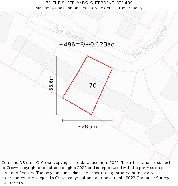 70, THE SHEEPLANDS, SHERBORNE, DT9 4BS: Plot and title map