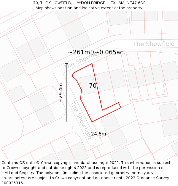 70, THE SHOWFIELD, HAYDON BRIDGE, HEXHAM, NE47 6DF: Plot and title map