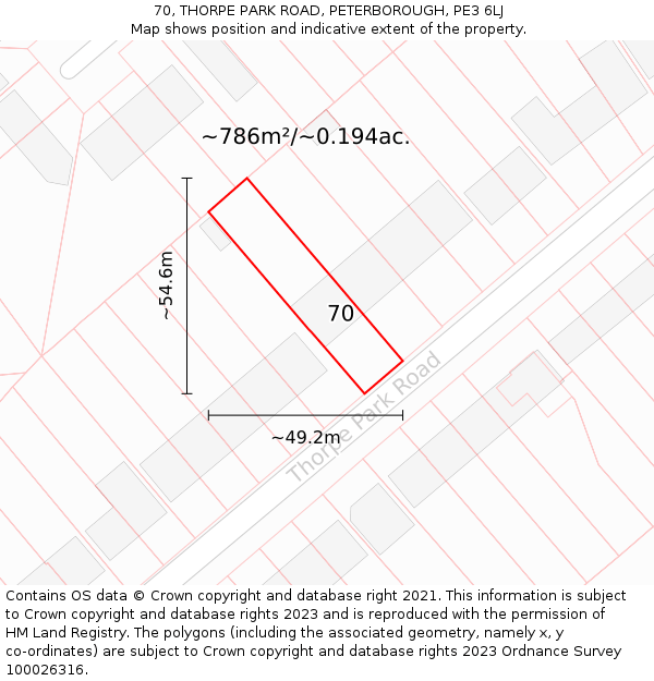 70, THORPE PARK ROAD, PETERBOROUGH, PE3 6LJ: Plot and title map