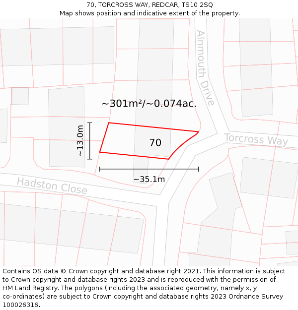 70, TORCROSS WAY, REDCAR, TS10 2SQ: Plot and title map