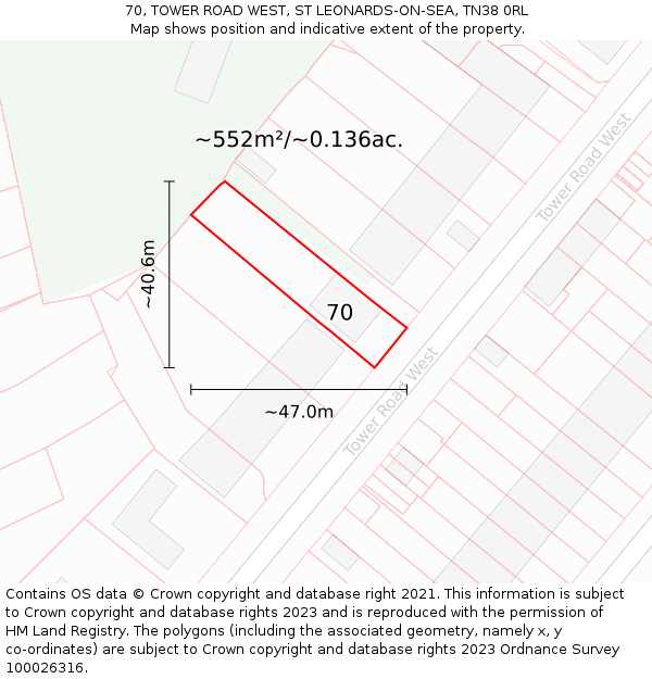 70, TOWER ROAD WEST, ST LEONARDS-ON-SEA, TN38 0RL: Plot and title map