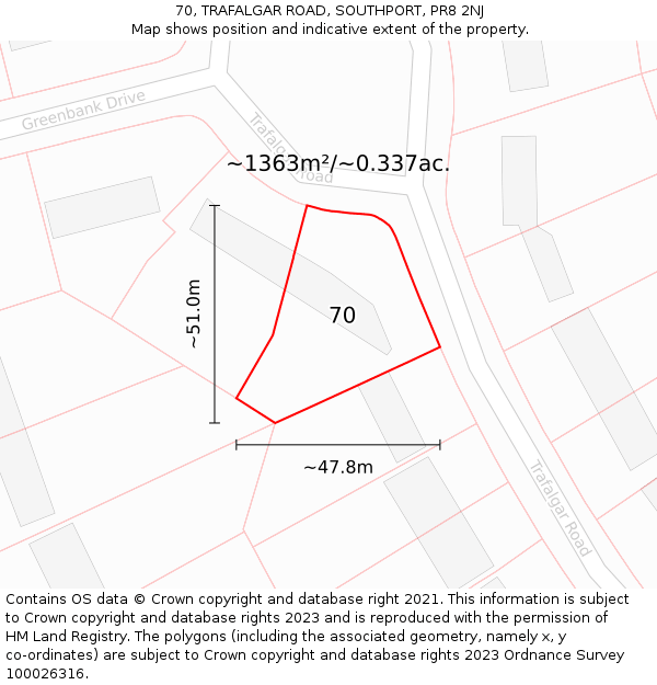 70, TRAFALGAR ROAD, SOUTHPORT, PR8 2NJ: Plot and title map