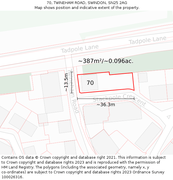 70, TWINEHAM ROAD, SWINDON, SN25 2AG: Plot and title map