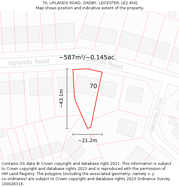 70, UPLANDS ROAD, OADBY, LEICESTER, LE2 4NQ: Plot and title map