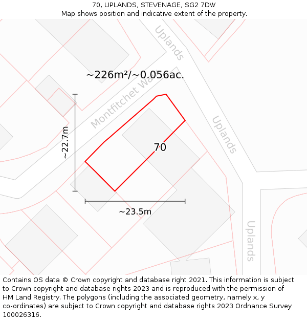 70, UPLANDS, STEVENAGE, SG2 7DW: Plot and title map