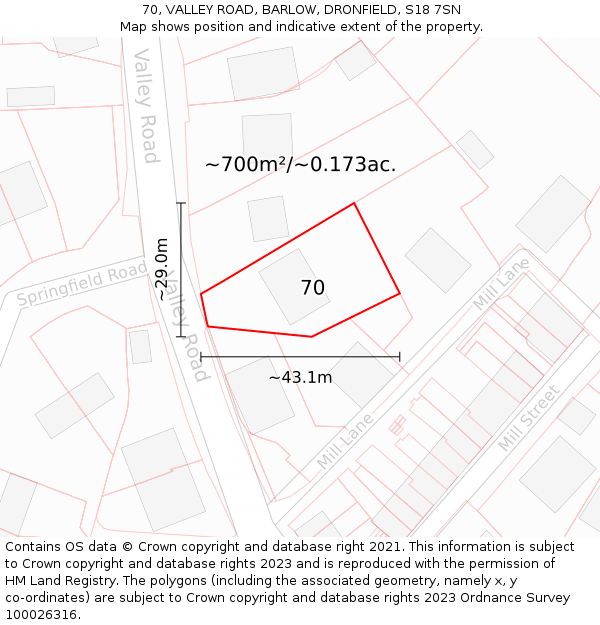 70, VALLEY ROAD, BARLOW, DRONFIELD, S18 7SN: Plot and title map