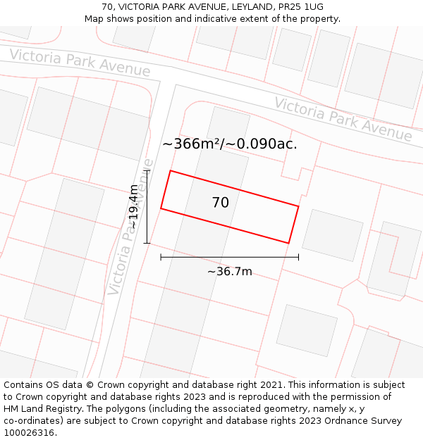 70, VICTORIA PARK AVENUE, LEYLAND, PR25 1UG: Plot and title map