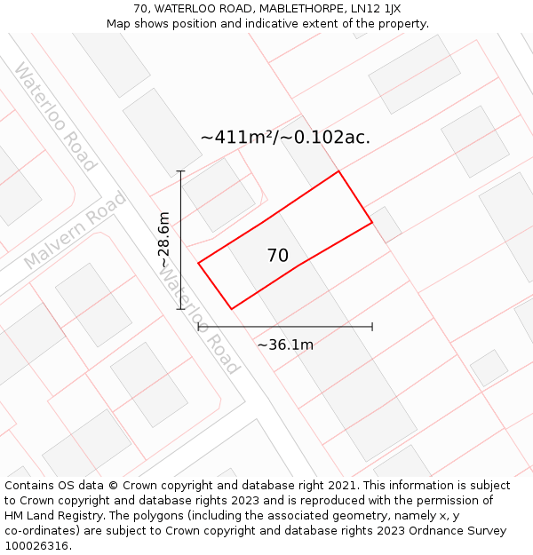 70, WATERLOO ROAD, MABLETHORPE, LN12 1JX: Plot and title map