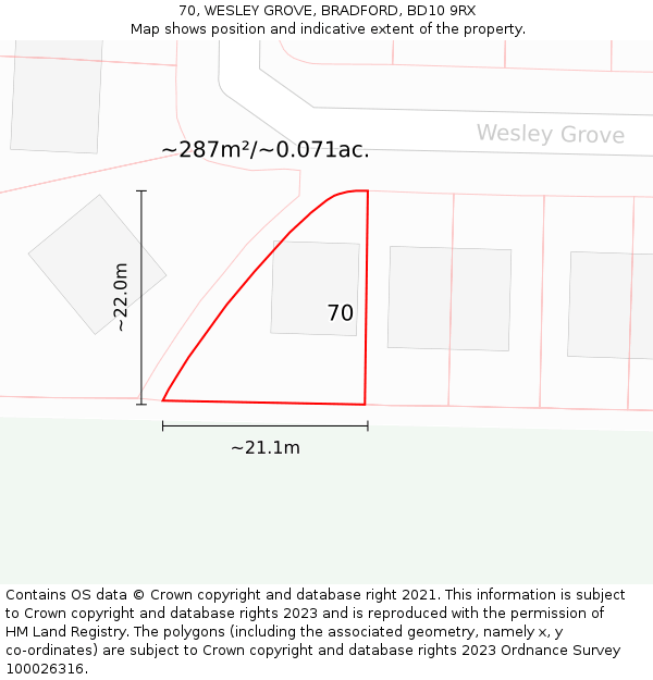 70, WESLEY GROVE, BRADFORD, BD10 9RX: Plot and title map