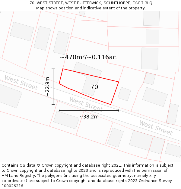 70, WEST STREET, WEST BUTTERWICK, SCUNTHORPE, DN17 3LQ: Plot and title map