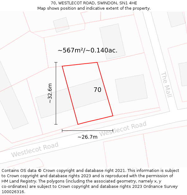 70, WESTLECOT ROAD, SWINDON, SN1 4HE: Plot and title map