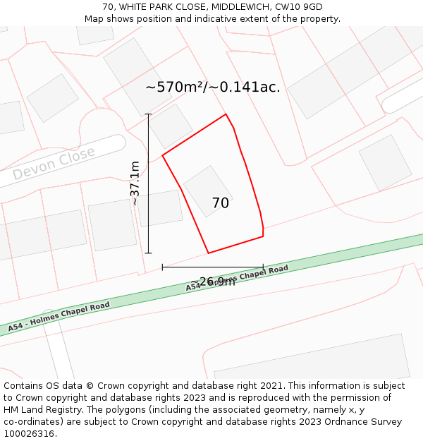 70, WHITE PARK CLOSE, MIDDLEWICH, CW10 9GD: Plot and title map