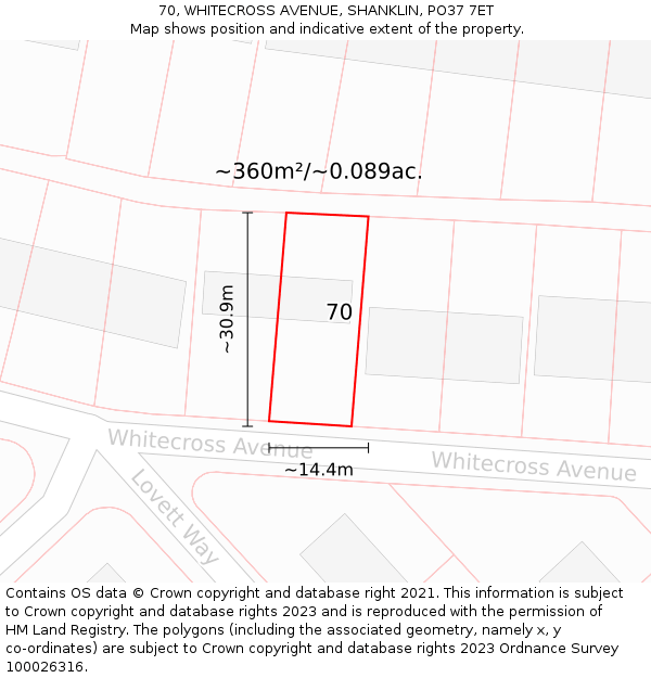 70, WHITECROSS AVENUE, SHANKLIN, PO37 7ET: Plot and title map