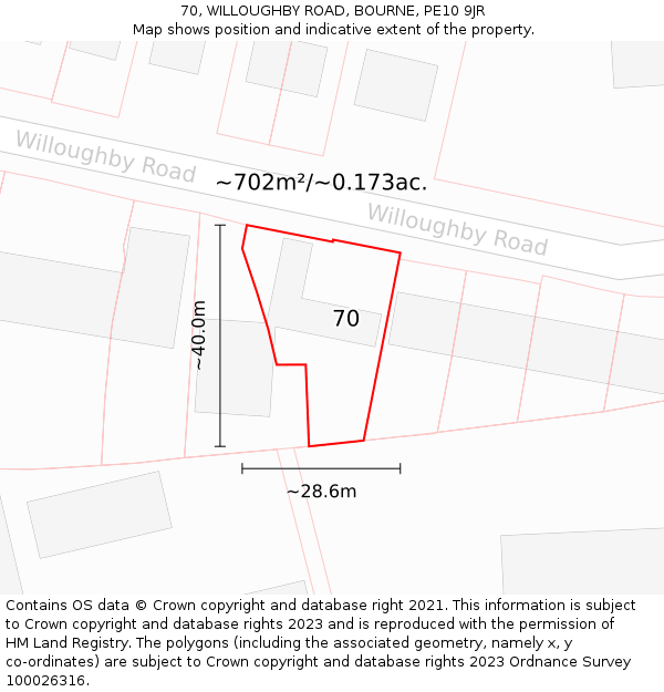 70, WILLOUGHBY ROAD, BOURNE, PE10 9JR: Plot and title map