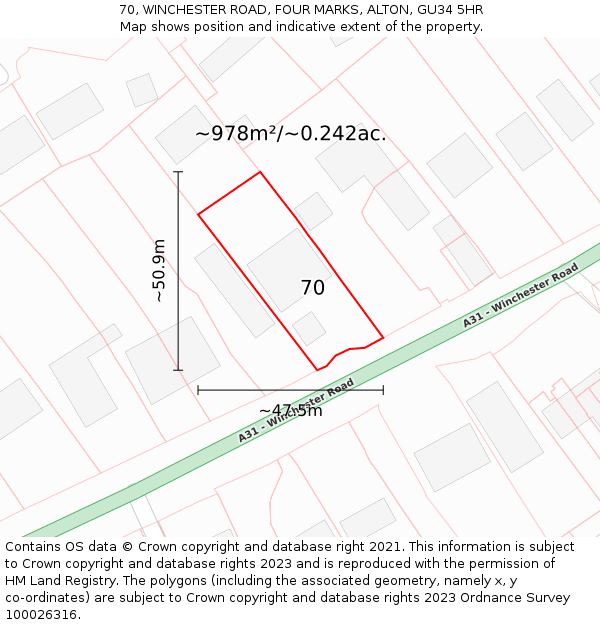 70, WINCHESTER ROAD, FOUR MARKS, ALTON, GU34 5HR: Plot and title map