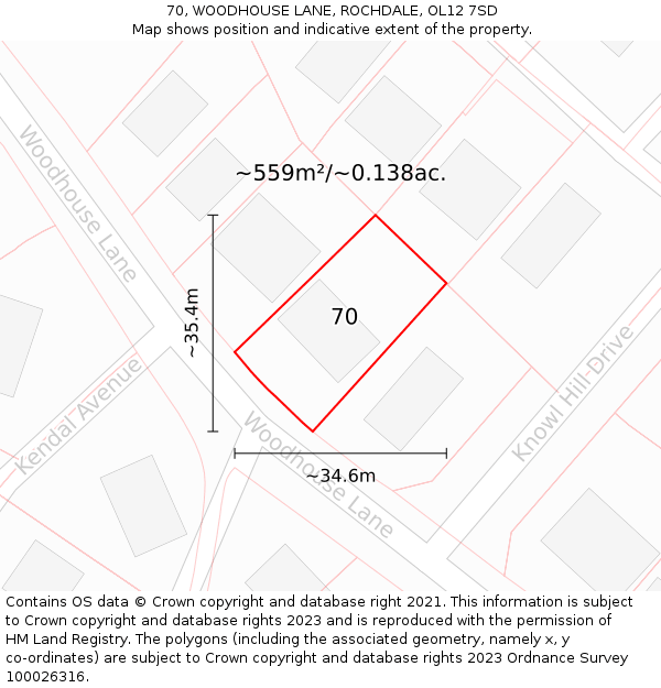 70, WOODHOUSE LANE, ROCHDALE, OL12 7SD: Plot and title map