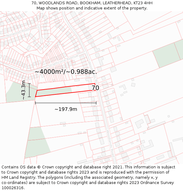 70, WOODLANDS ROAD, BOOKHAM, LEATHERHEAD, KT23 4HH: Plot and title map