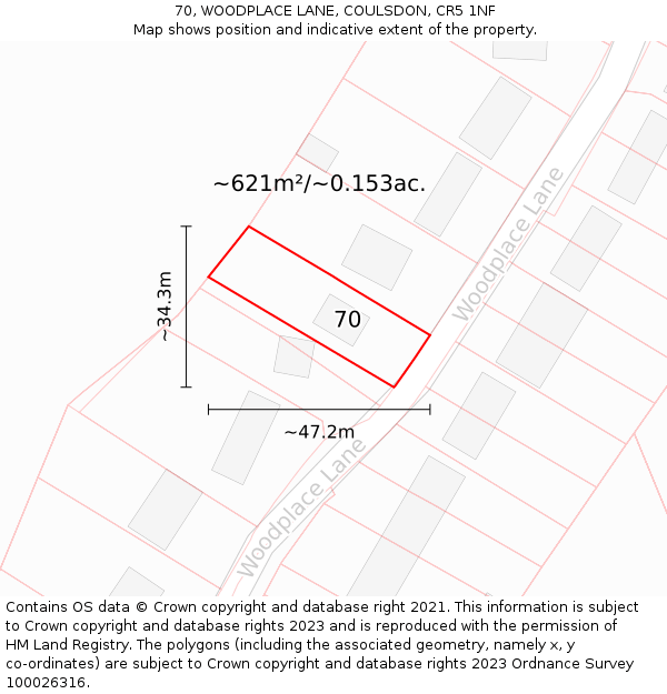 70, WOODPLACE LANE, COULSDON, CR5 1NF: Plot and title map