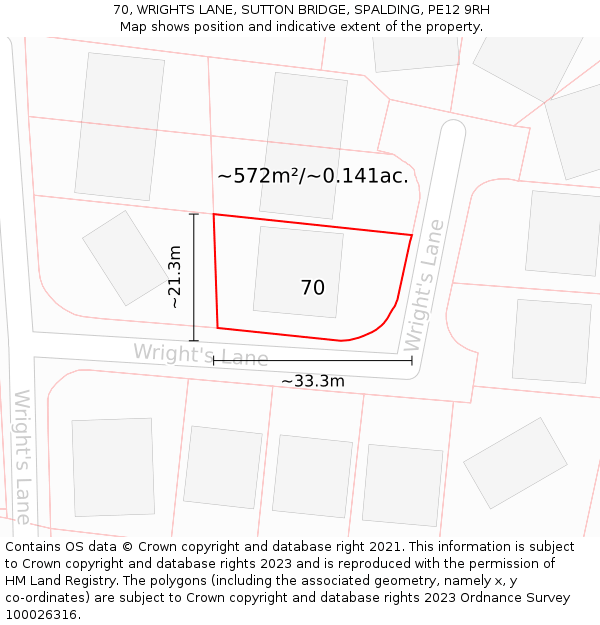 70, WRIGHTS LANE, SUTTON BRIDGE, SPALDING, PE12 9RH: Plot and title map