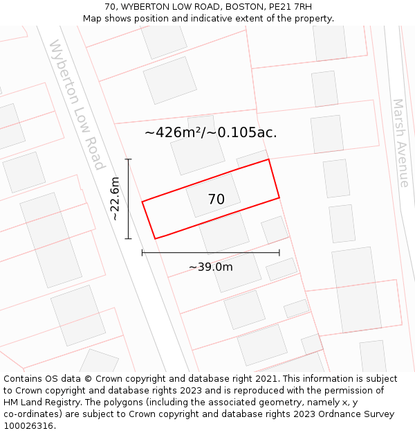 70, WYBERTON LOW ROAD, BOSTON, PE21 7RH: Plot and title map