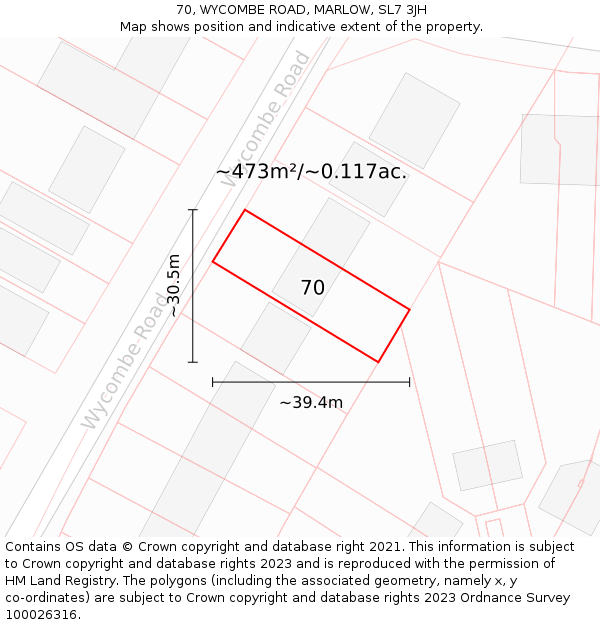 70, WYCOMBE ROAD, MARLOW, SL7 3JH: Plot and title map