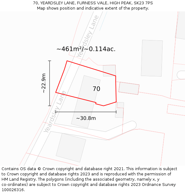 70, YEARDSLEY LANE, FURNESS VALE, HIGH PEAK, SK23 7PS: Plot and title map