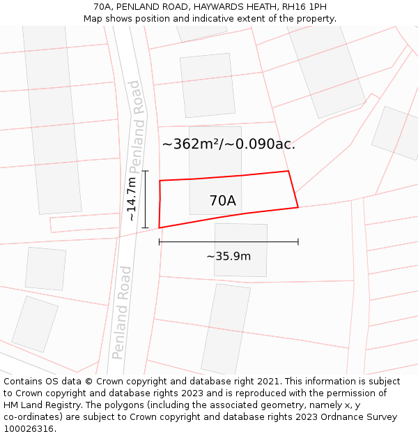 70A, PENLAND ROAD, HAYWARDS HEATH, RH16 1PH: Plot and title map