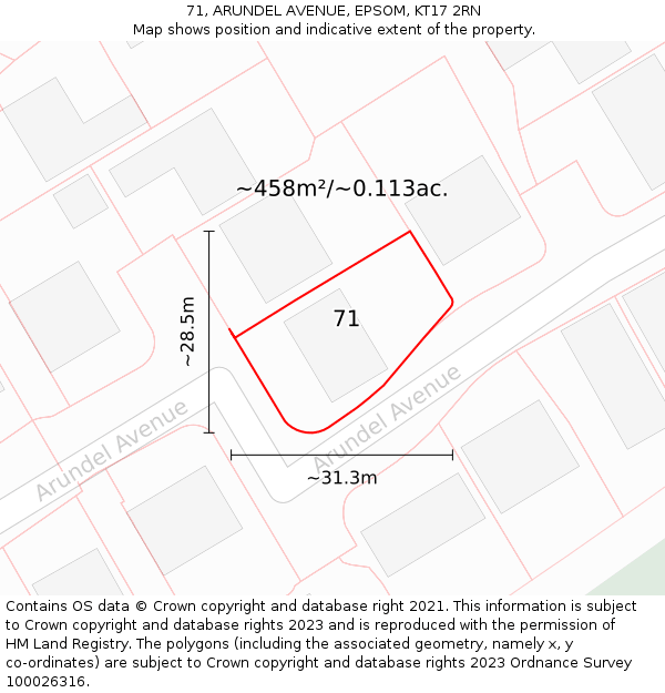 71, ARUNDEL AVENUE, EPSOM, KT17 2RN: Plot and title map