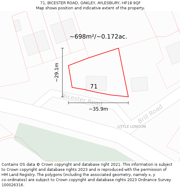 71, BICESTER ROAD, OAKLEY, AYLESBURY, HP18 9QF: Plot and title map