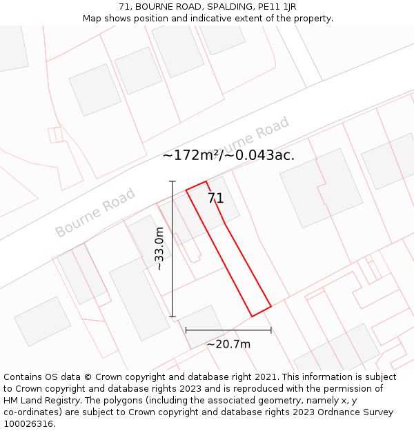 71, BOURNE ROAD, SPALDING, PE11 1JR: Plot and title map