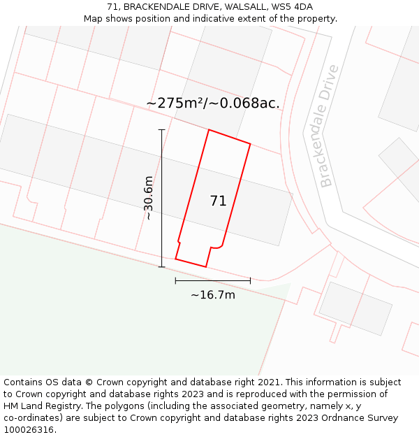 71, BRACKENDALE DRIVE, WALSALL, WS5 4DA: Plot and title map