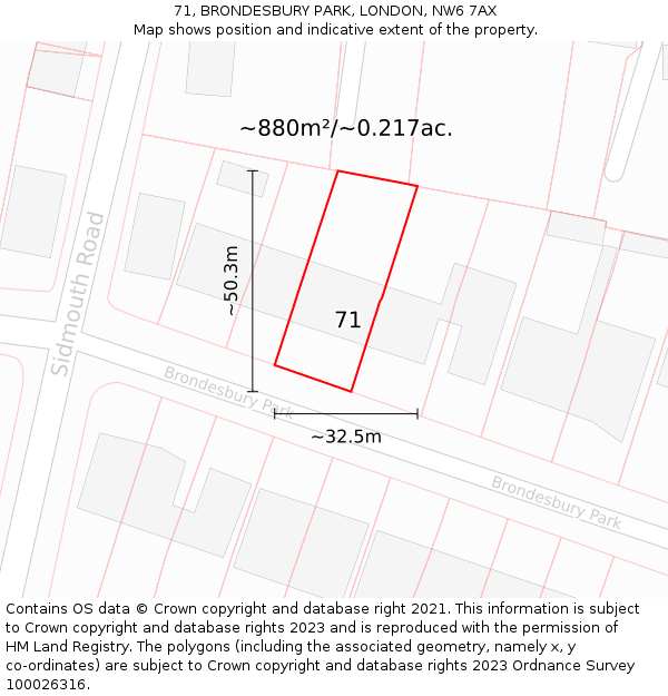 71, BRONDESBURY PARK, LONDON, NW6 7AX: Plot and title map