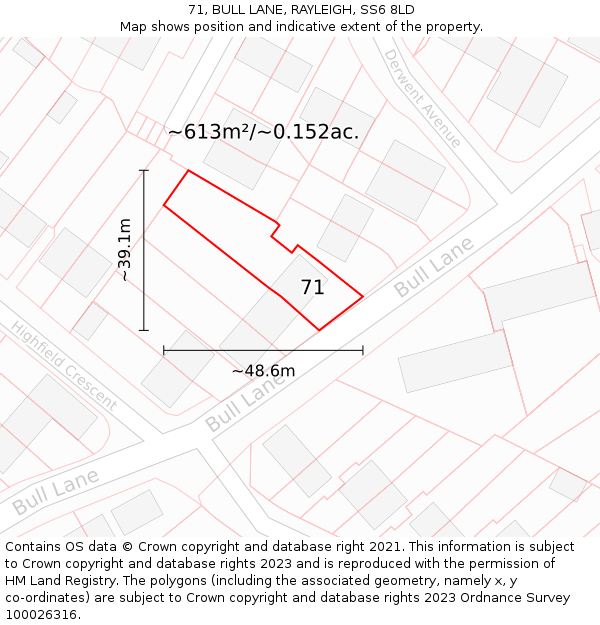 71, BULL LANE, RAYLEIGH, SS6 8LD: Plot and title map