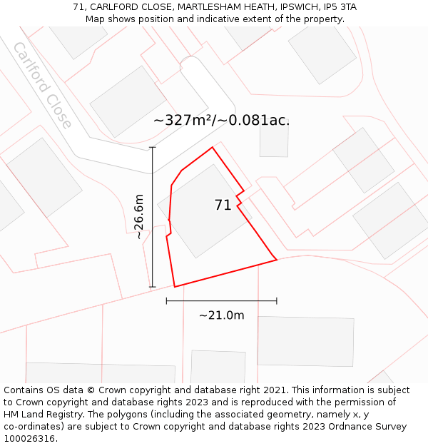 71, CARLFORD CLOSE, MARTLESHAM HEATH, IPSWICH, IP5 3TA: Plot and title map