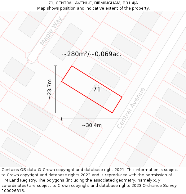 71, CENTRAL AVENUE, BIRMINGHAM, B31 4JA: Plot and title map