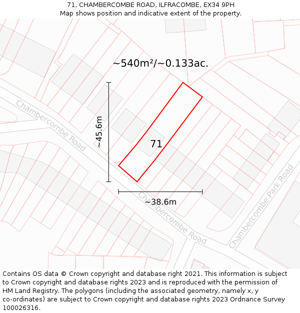 71, CHAMBERCOMBE ROAD, ILFRACOMBE, EX34 9PH: Plot and title map