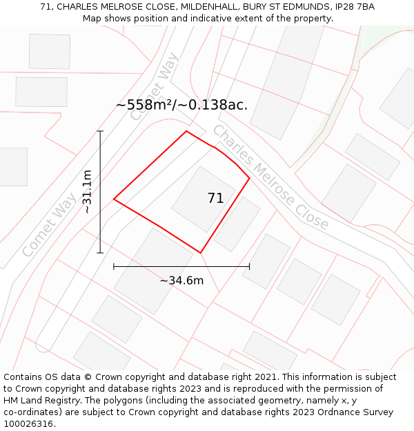 71, CHARLES MELROSE CLOSE, MILDENHALL, BURY ST EDMUNDS, IP28 7BA: Plot and title map