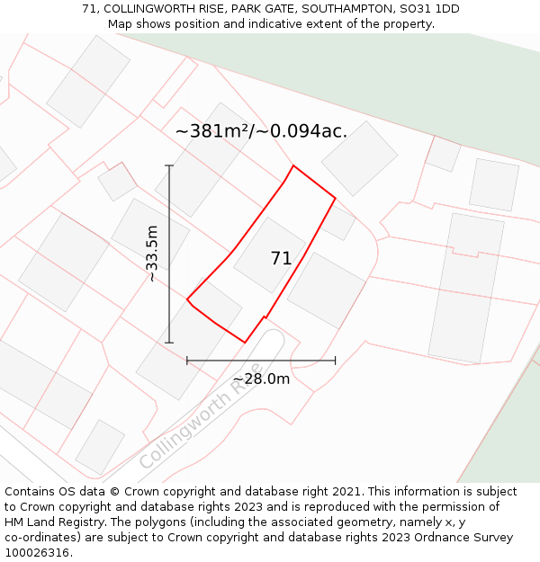 71, COLLINGWORTH RISE, PARK GATE, SOUTHAMPTON, SO31 1DD: Plot and title map