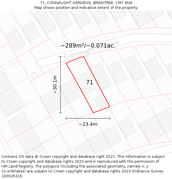 71, CONNAUGHT GARDENS, BRAINTREE, CM7 9NA: Plot and title map