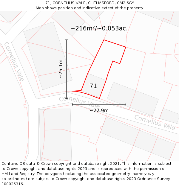 71, CORNELIUS VALE, CHELMSFORD, CM2 6GY: Plot and title map