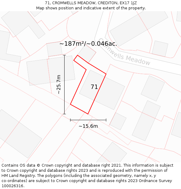 71, CROMWELLS MEADOW, CREDITON, EX17 1JZ: Plot and title map