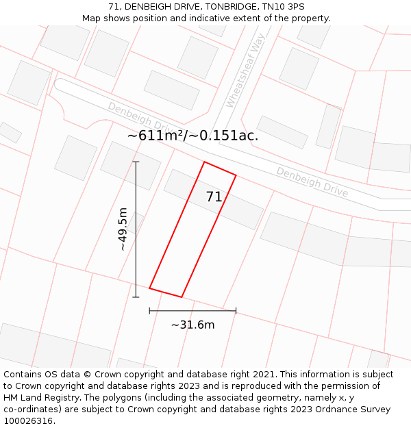 71, DENBEIGH DRIVE, TONBRIDGE, TN10 3PS: Plot and title map