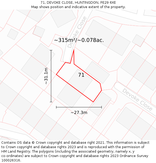 71, DEVOKE CLOSE, HUNTINGDON, PE29 6XE: Plot and title map