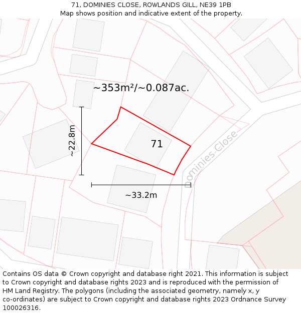 71, DOMINIES CLOSE, ROWLANDS GILL, NE39 1PB: Plot and title map