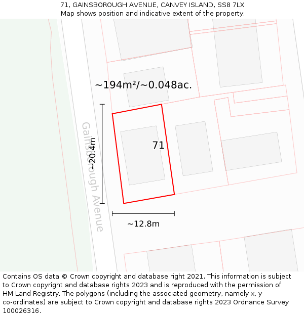 71, GAINSBOROUGH AVENUE, CANVEY ISLAND, SS8 7LX: Plot and title map