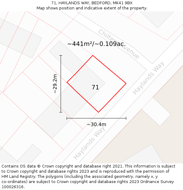71, HAYLANDS WAY, BEDFORD, MK41 9BX: Plot and title map