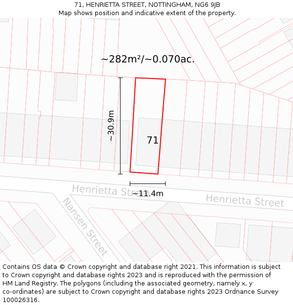 71, HENRIETTA STREET, NOTTINGHAM, NG6 9JB: Plot and title map