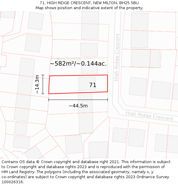 71, HIGH RIDGE CRESCENT, NEW MILTON, BH25 5BU: Plot and title map