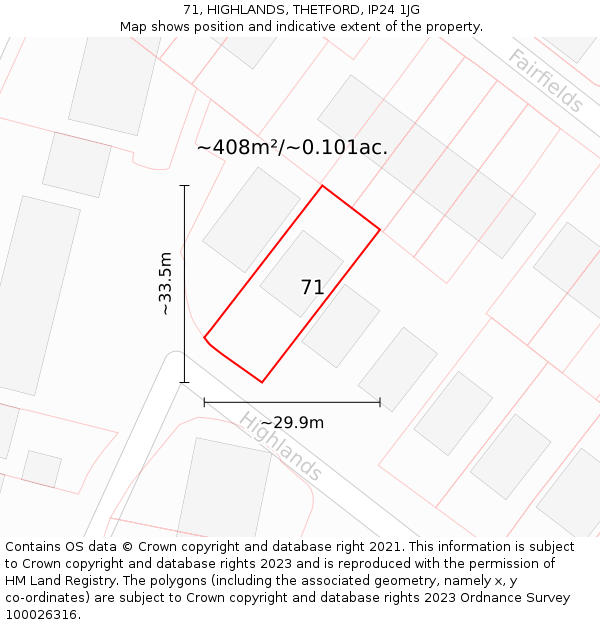 71, HIGHLANDS, THETFORD, IP24 1JG: Plot and title map