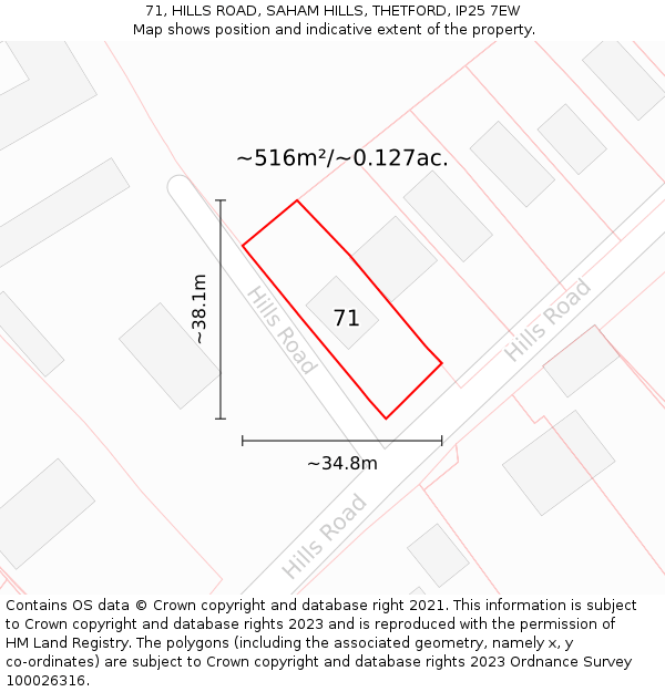 71, HILLS ROAD, SAHAM HILLS, THETFORD, IP25 7EW: Plot and title map